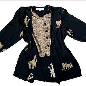 VTG Ilyse Hart Ltd Blazer w/ Attached Button Vest Safari Novelty Print M 24M